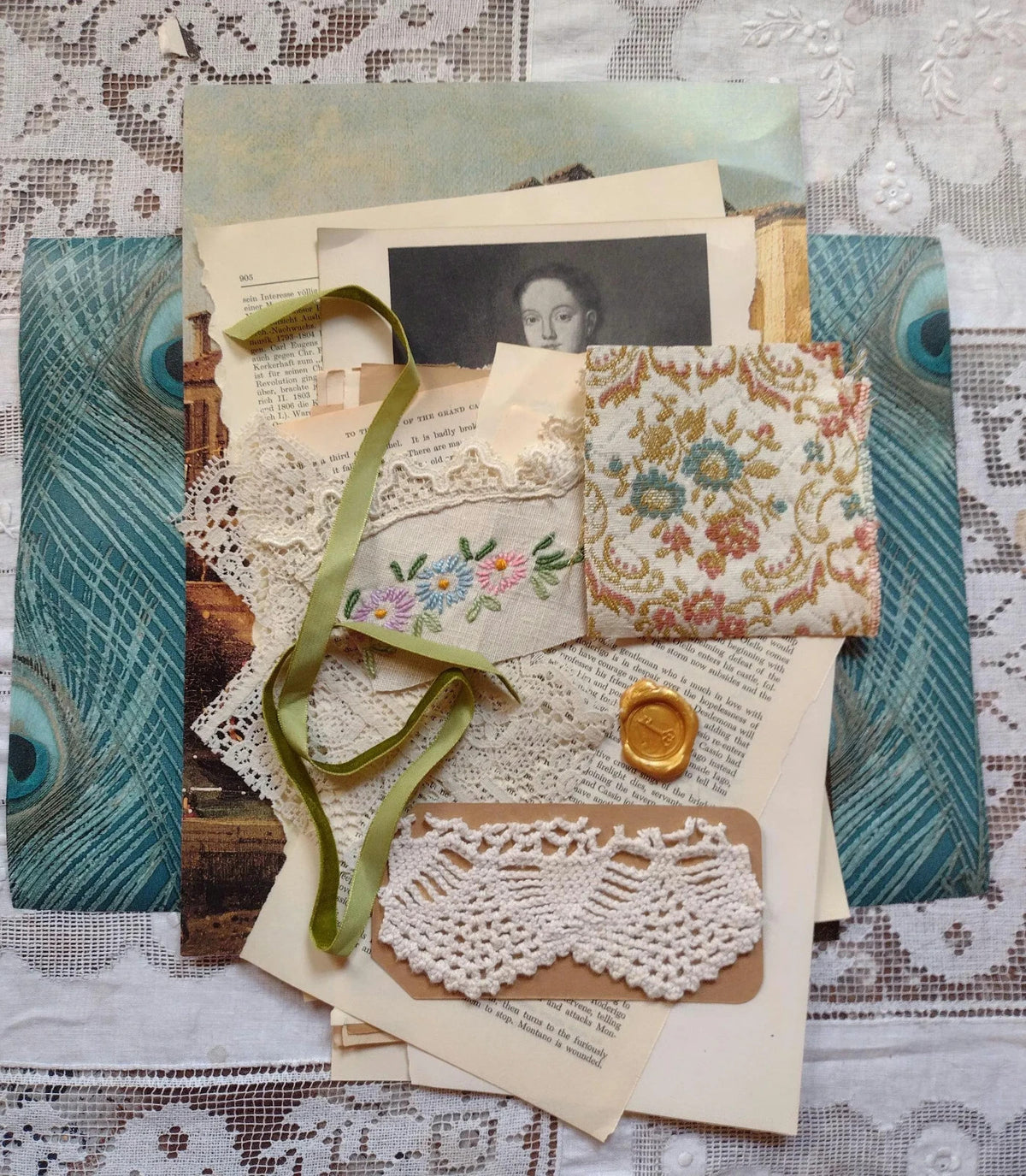 Victorian Peacock Ephemera Pack Vintage Book Pages Textiles Junk Journal Collage