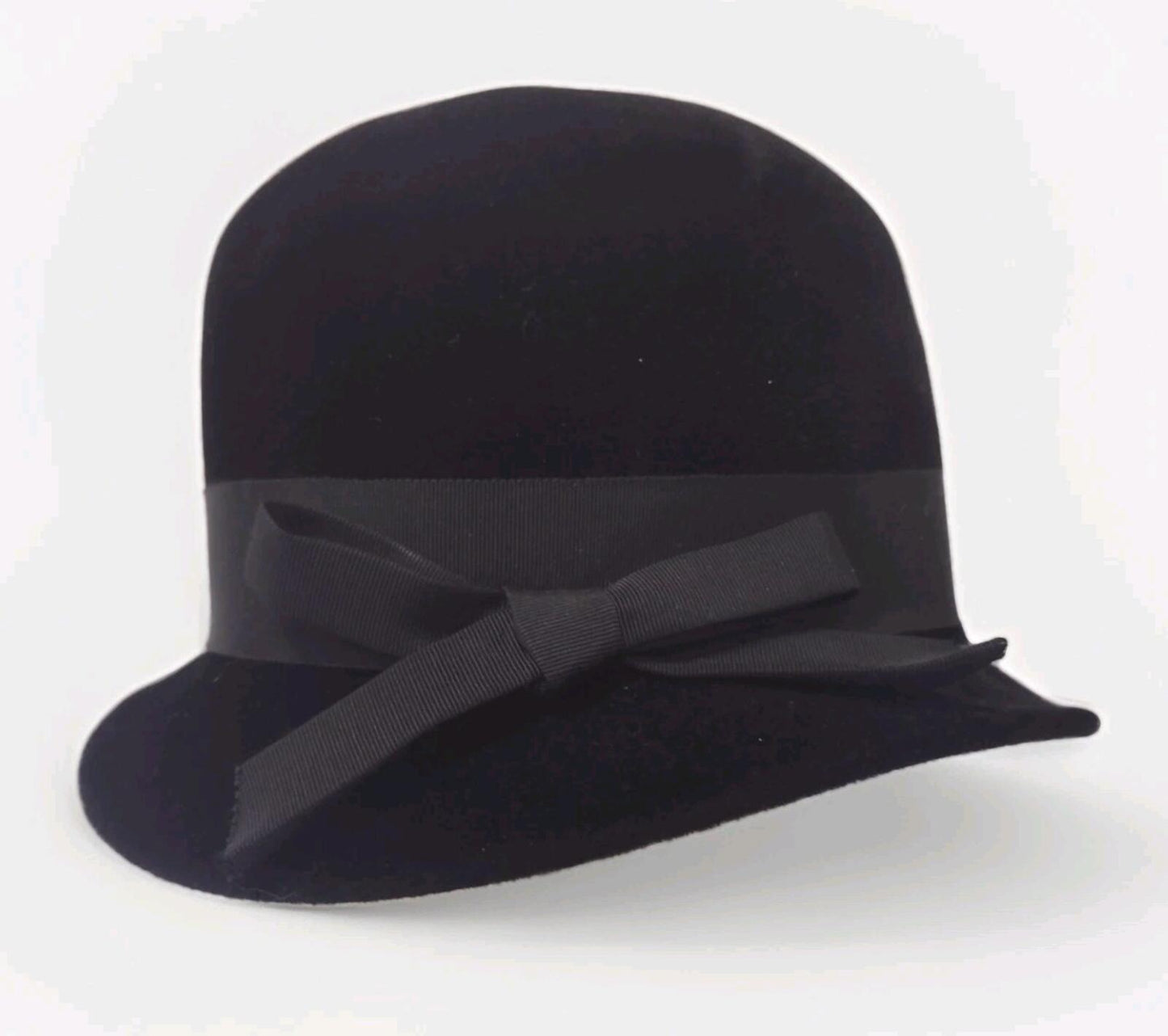 50s Merrimac Peachbloom Velour Black Hat Wired Brim Bow 22