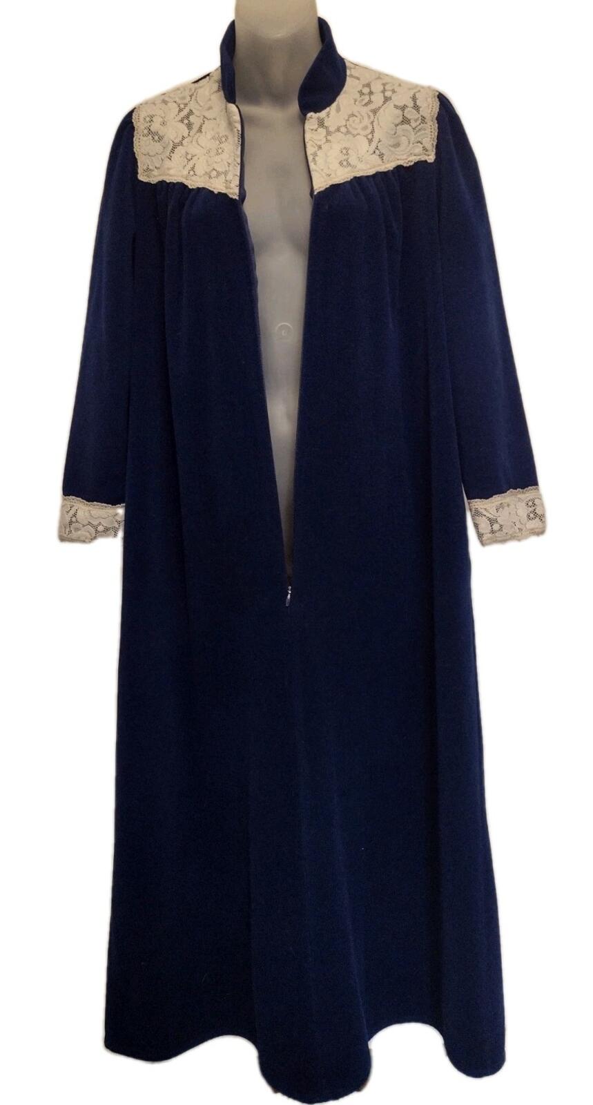 Vintage Vanity Fair Velour Lace Trim Zip Robe Navy Blue 70s USA XS Lounge