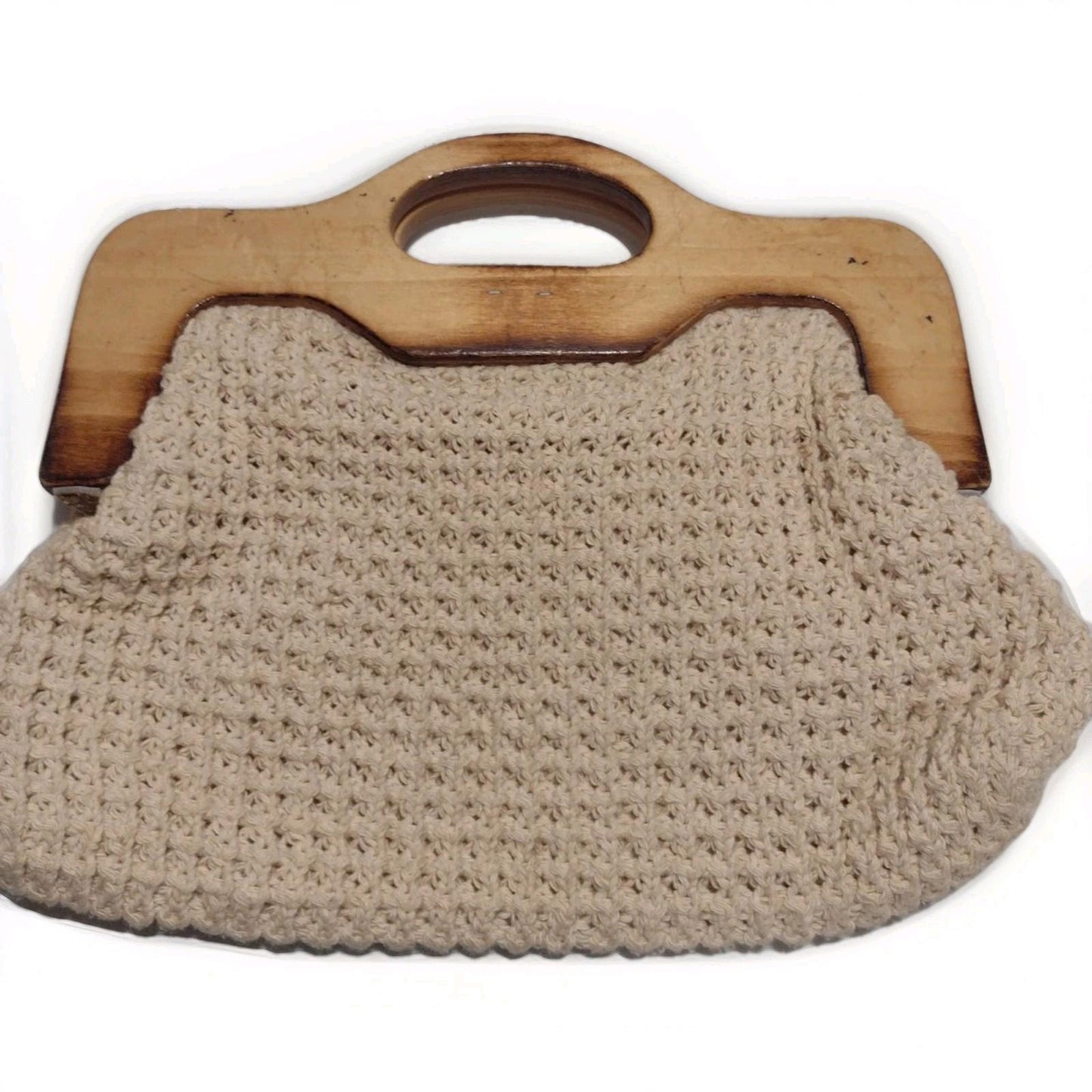 Vintage 60s Crochet Handbag Wood Handle Turn Lock Made in Hong Kong Boho