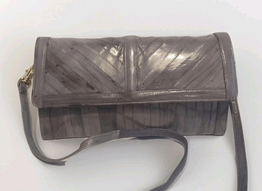 ❤️ Vintage 70s ULTRA EEL SKIN CLUTCH SHOULDER BAG Gray REMOVABLE STRAP
