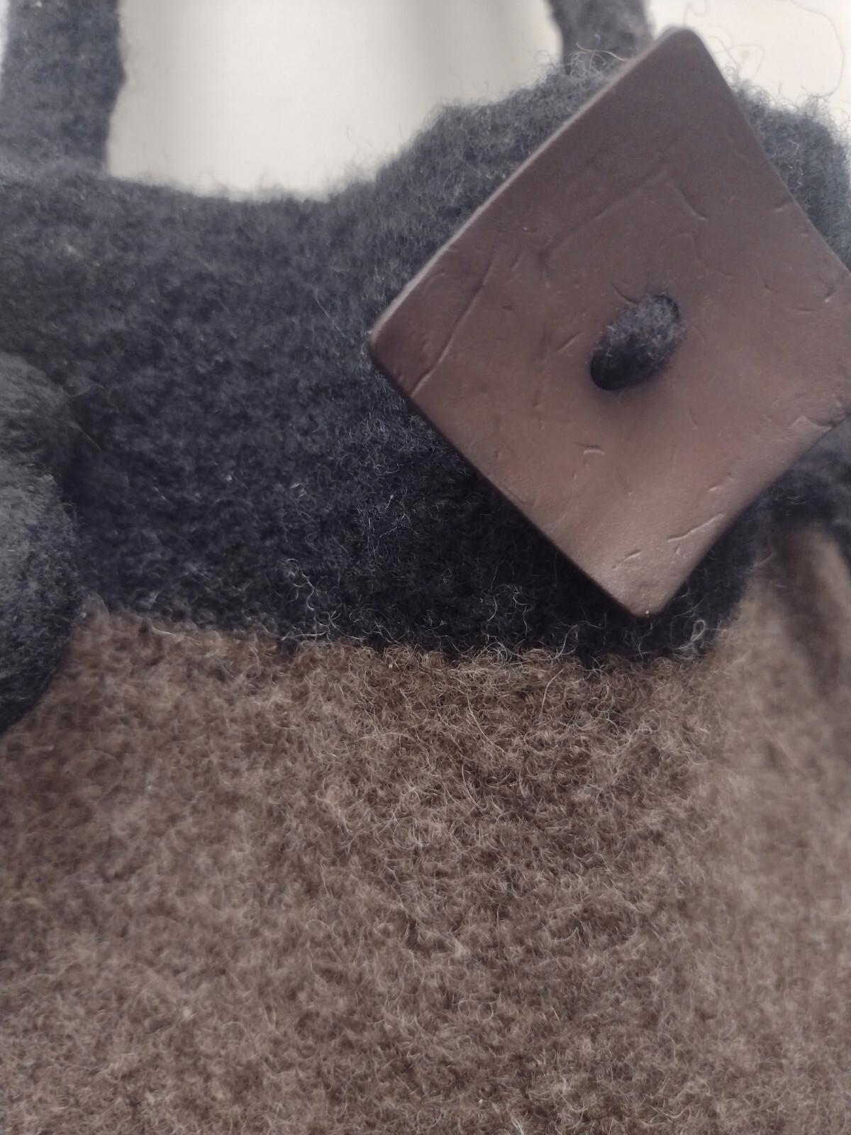 Handmade Wool Tote Bucket Bag Two-tone Brown And Black With Wood Button Accent