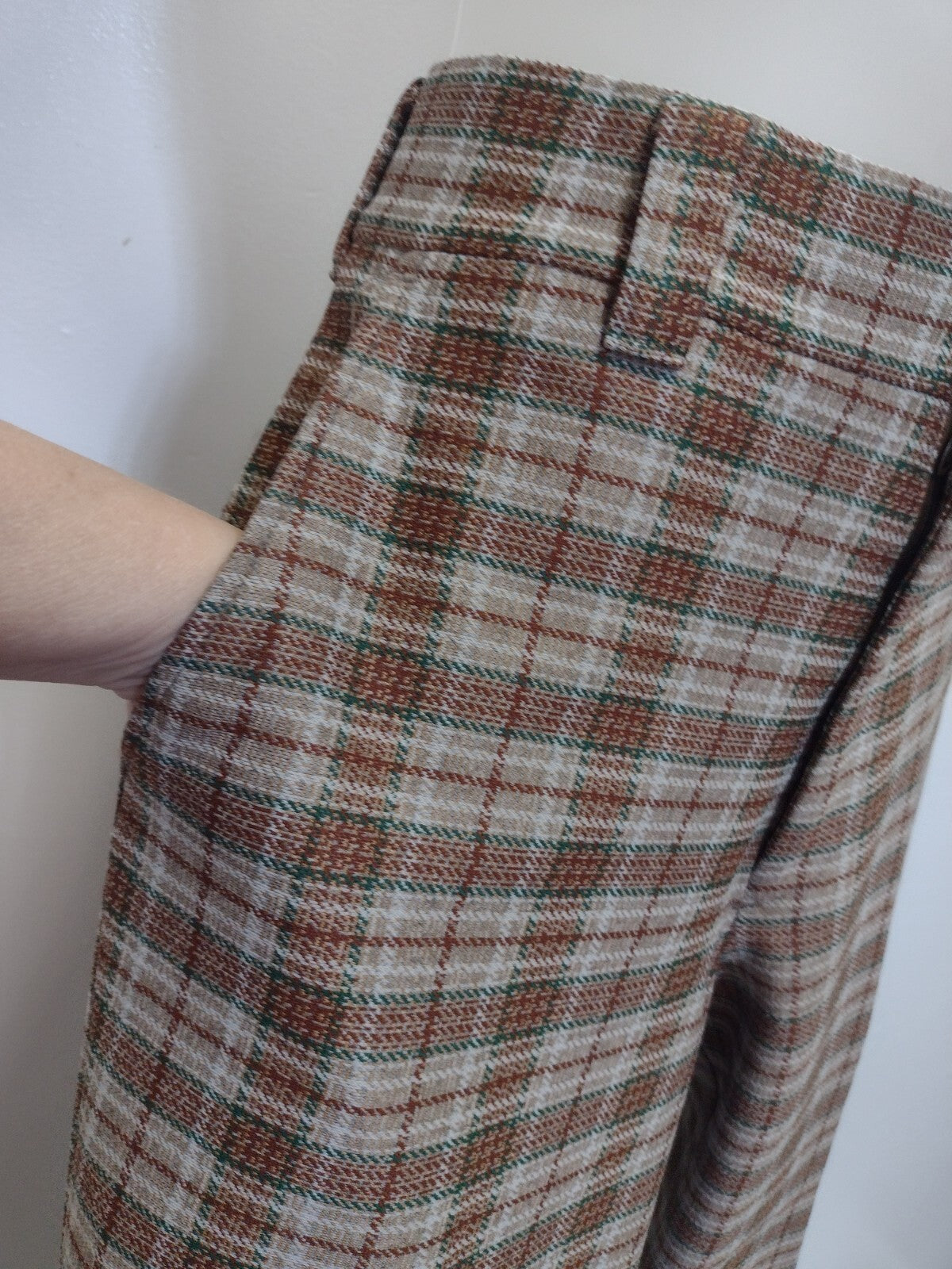 Vintage 70s Plaid Double Knit Pants Women High Waist Wide Leg Retro Medium