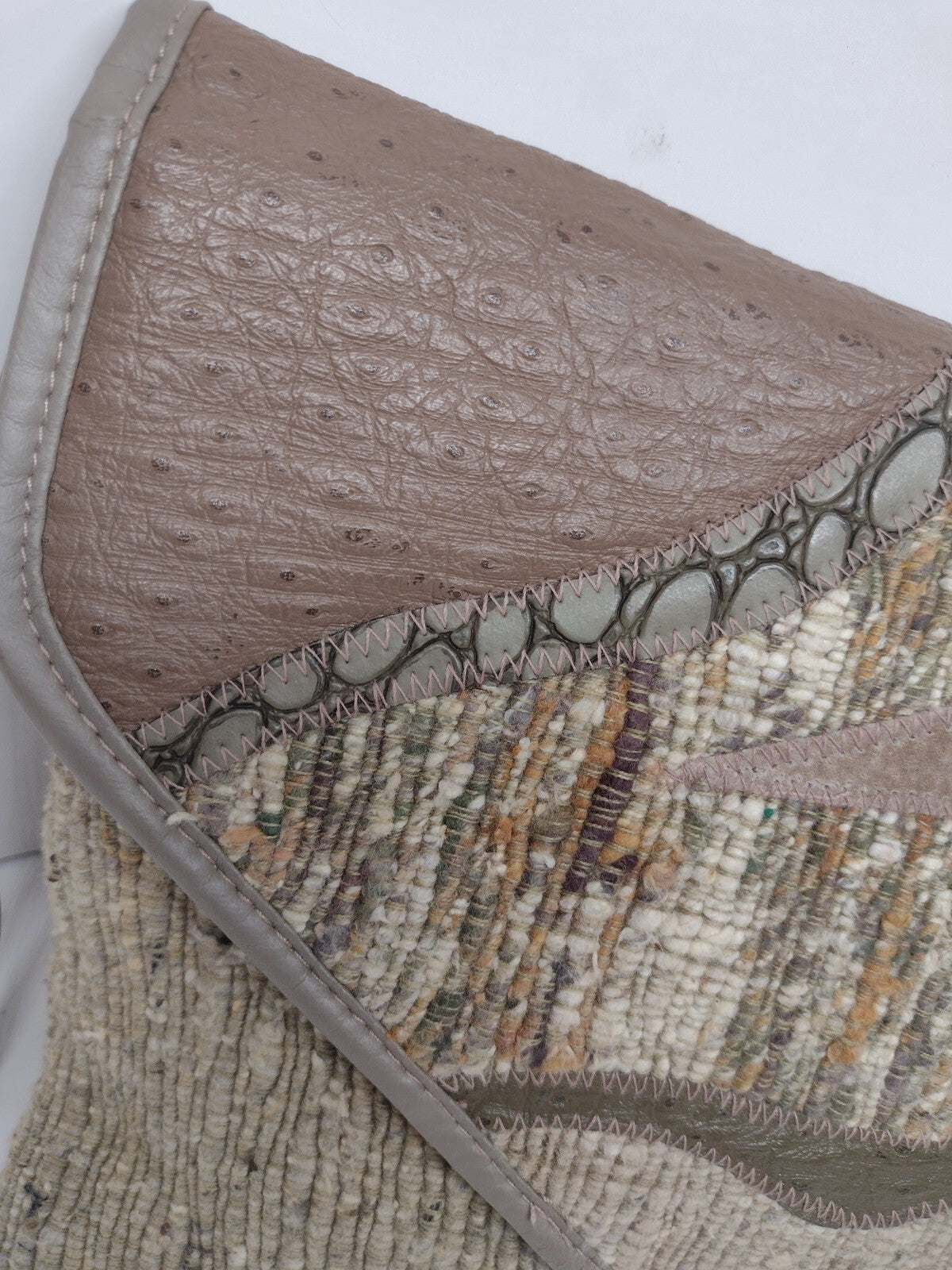 Y2K Boho Patchwork Wristlet Clutch Textured Woven Suede Look Neutral Handbag