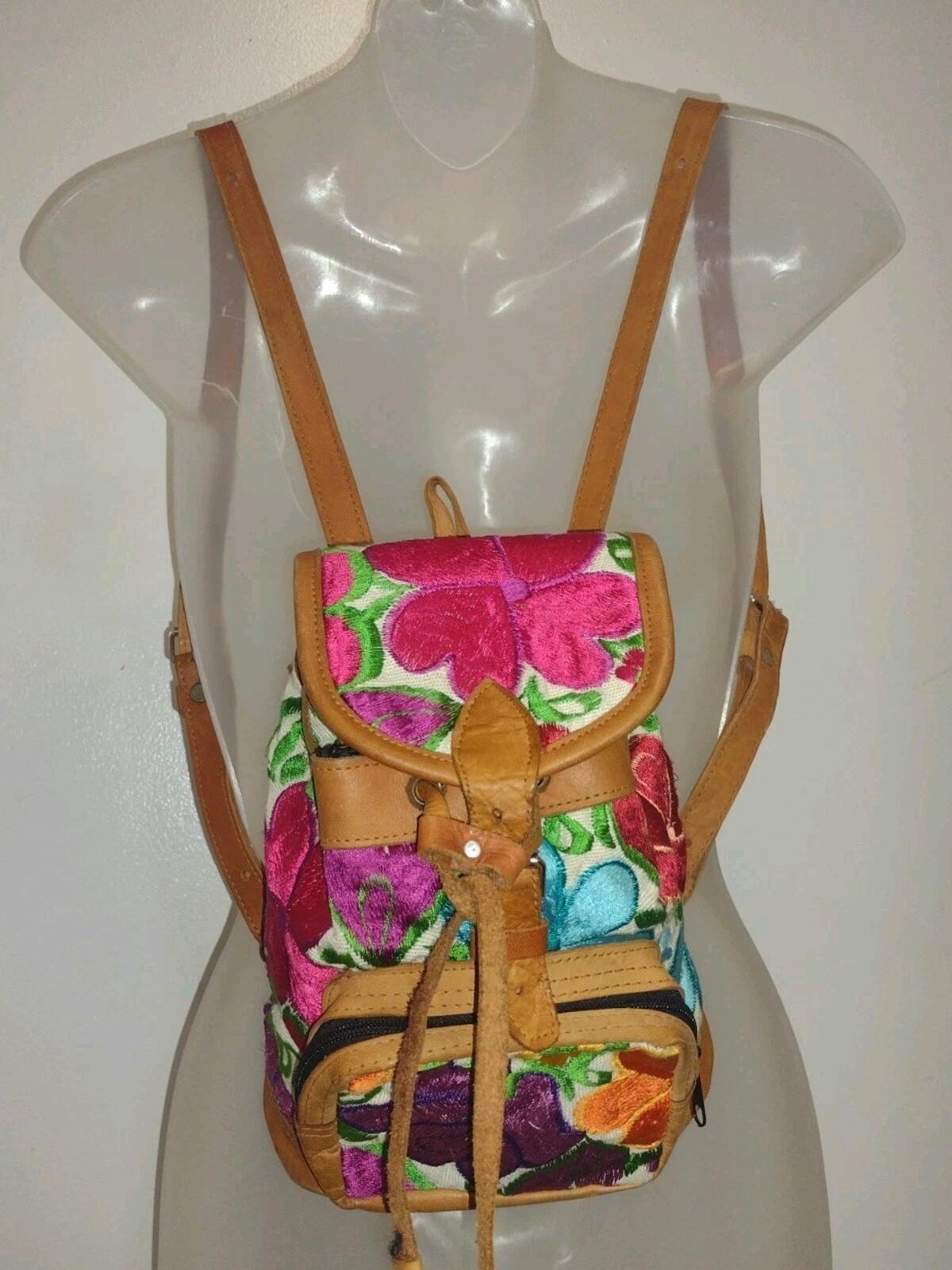 Vintage Handmade Embroidered Floral Leather Mini Backpack Boho Folk Art
