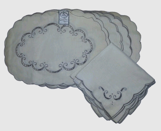 Vintage Boutross Madeira Linen Placemat Napkin Set 12 Hand Embroidered Cutwork