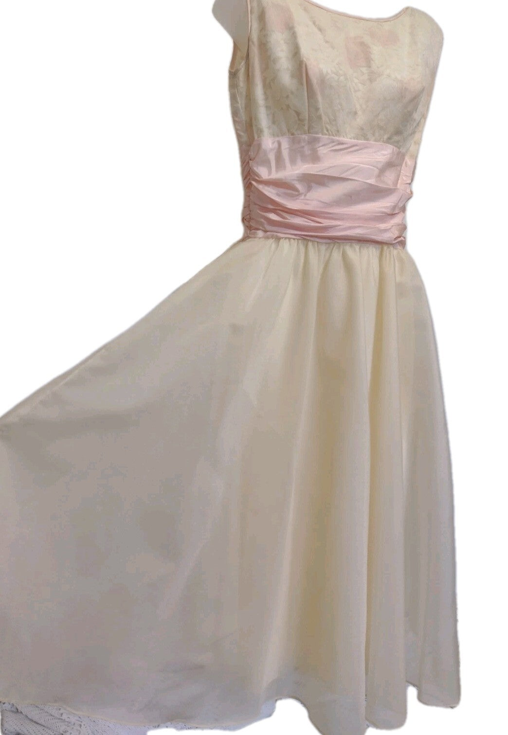 VTG 1960s Handmade Floral Chiffon Party Dress Pink Ivory Tea Garden Wedding M