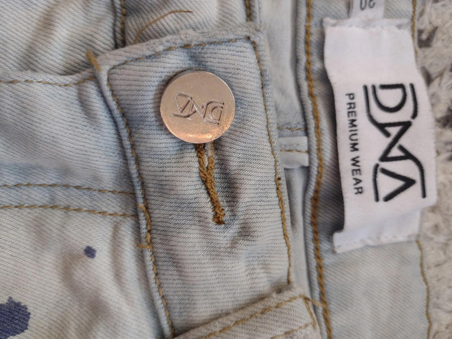 DNA Premium Skinny Jeans Distressed  Paint Spatter, Blue & Clear Rhinestones 30
