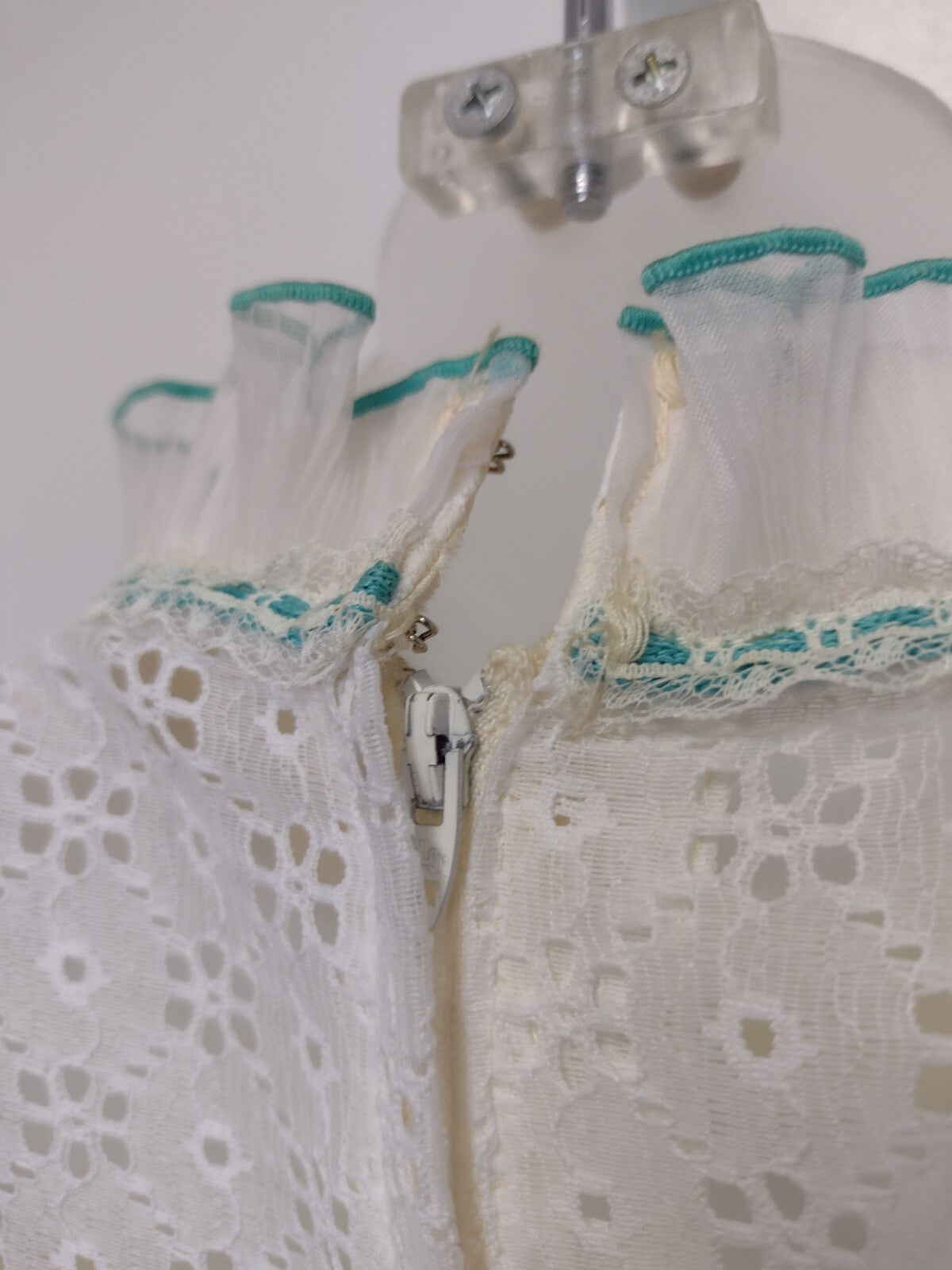 Vintage 70s Nadine Prairie Maxi Dress Ivory Lace Turquoise Victorian XS
