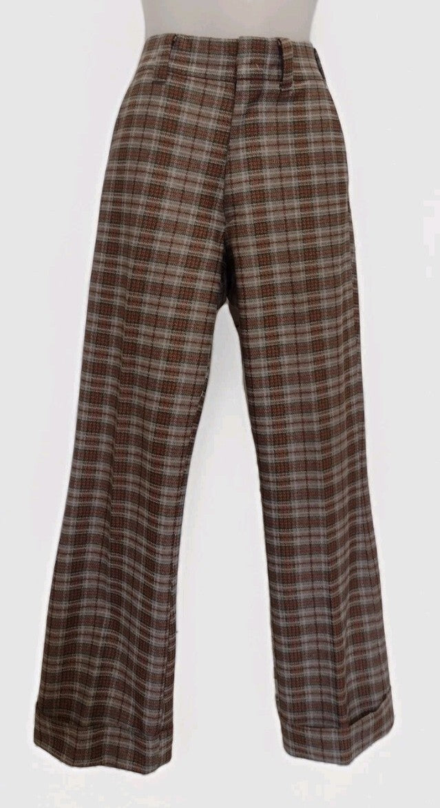 Vintage 70s Plaid Double Knit Pants Women High Waist Wide Leg Retro Medium