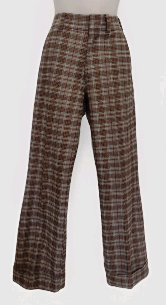 Vintage 70s Plaid Double Knit Pants Women High Waist Wide Leg Retro Medium