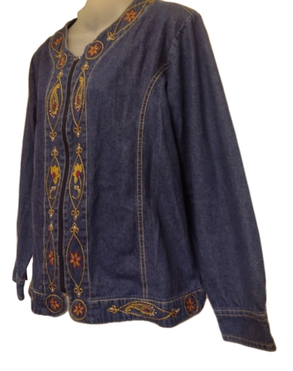 Vintage 90s Embroidered Denim Jacket Womens Medium Adrian Delafield Haband Zip