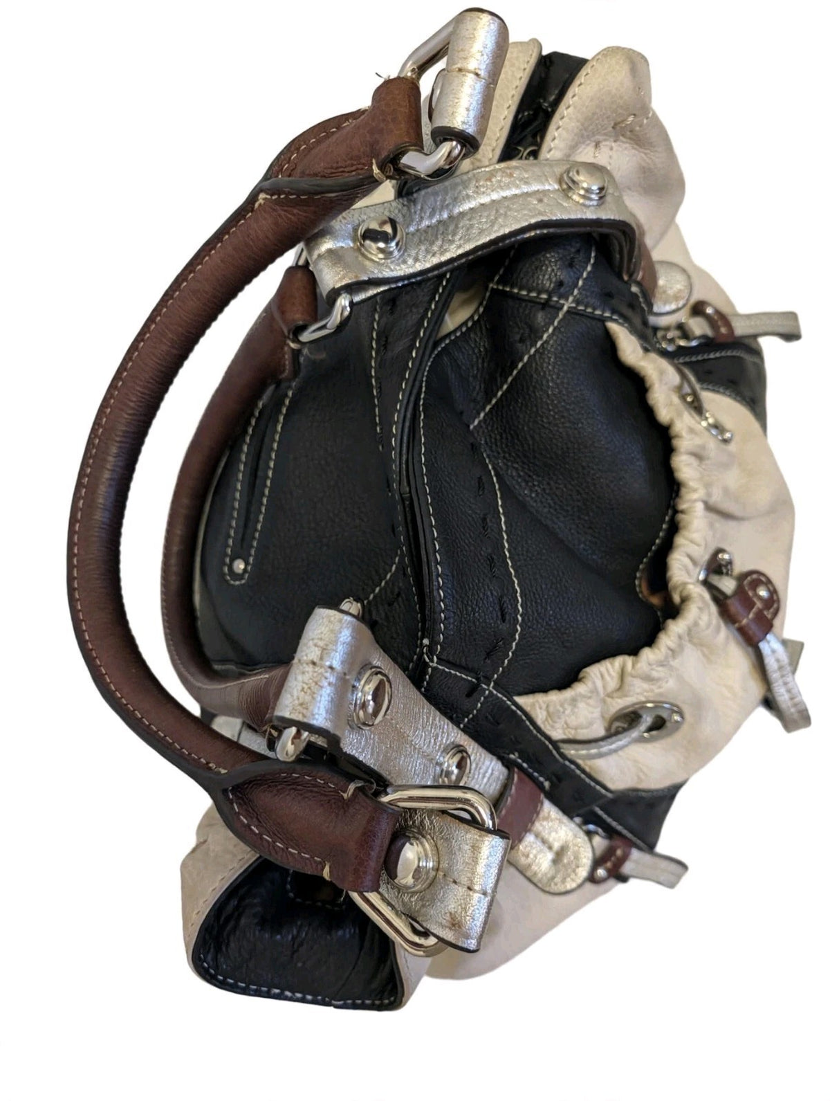 B. Makowsky Colorblock Pebbled Leather Satchel Beige Black Metallic Shoulder Bag