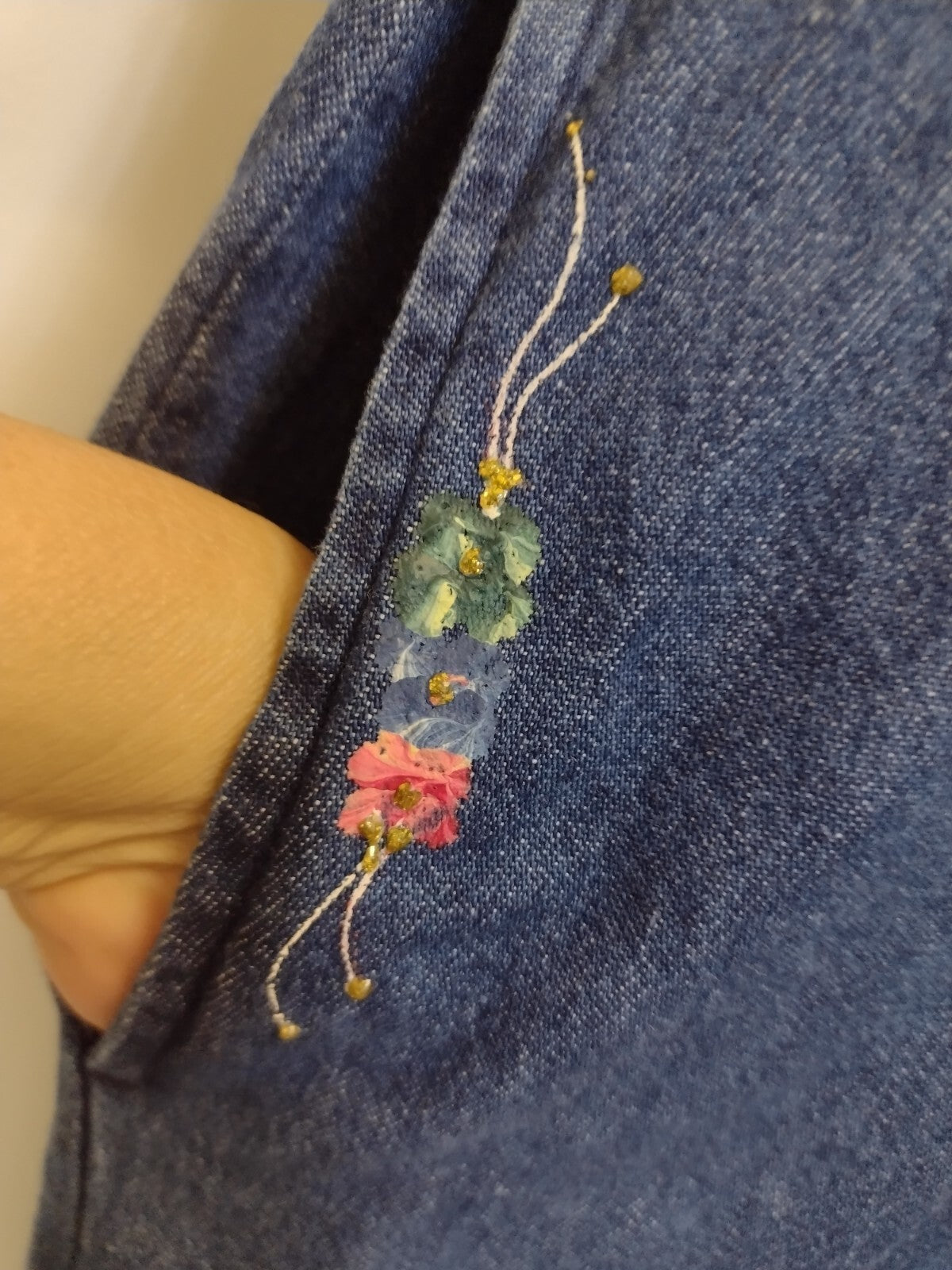 Vintage 90s Denim Maxi Dress M Susan Fetty Hand Painted Floral Wearable ArtSz M