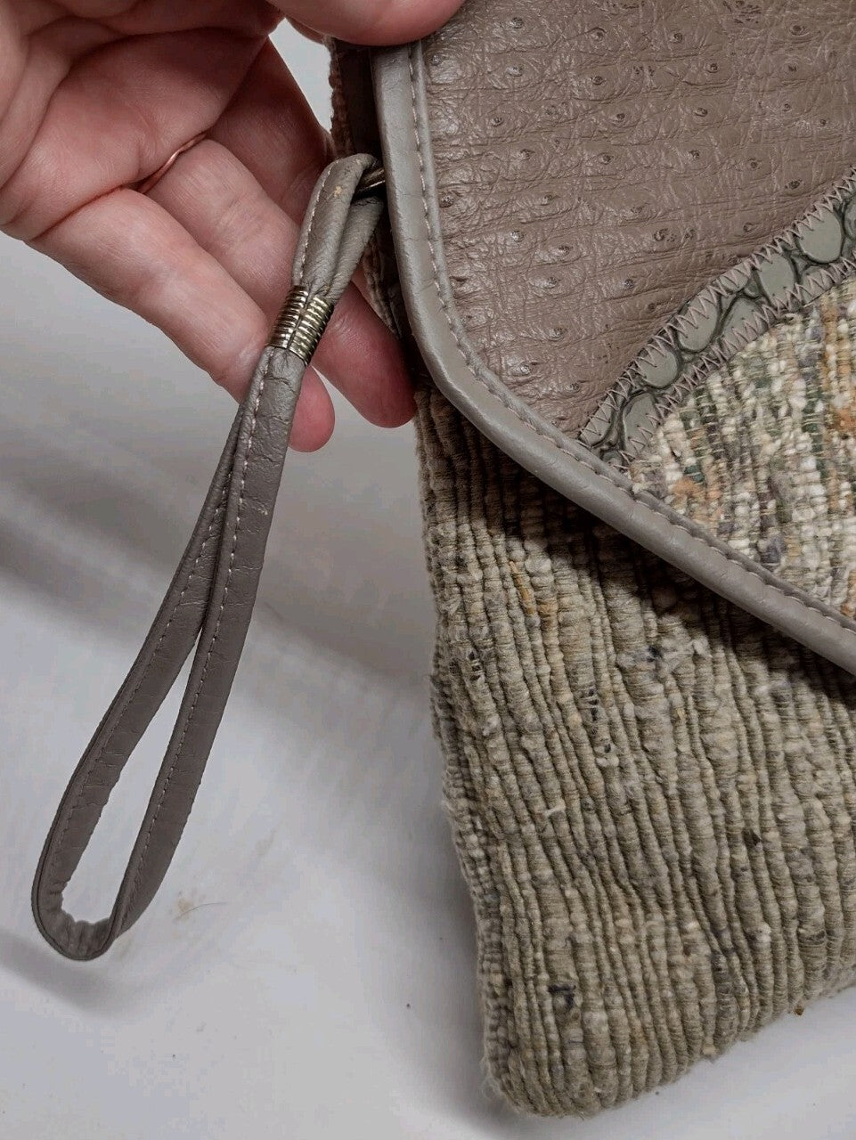 Y2K Boho Patchwork Wristlet Clutch Textured Woven Suede Look Neutral Handbag