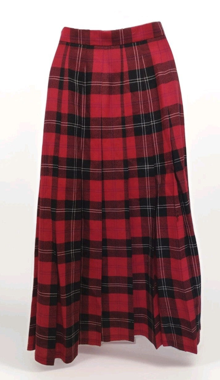 Vintage 70s Deans of Scotland Wool Tartan Midi Skirt Size 6 Red Plaid Preppy