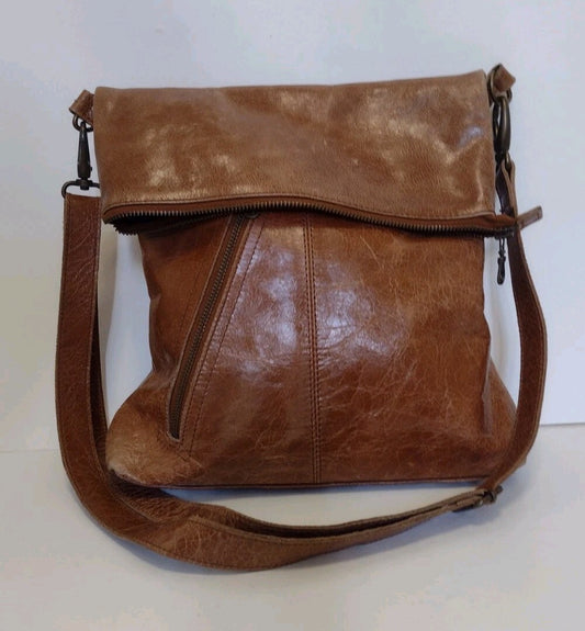 Brown Waxed Leather Foldover Crossbody Bag Boho Moto Messenger Distressed