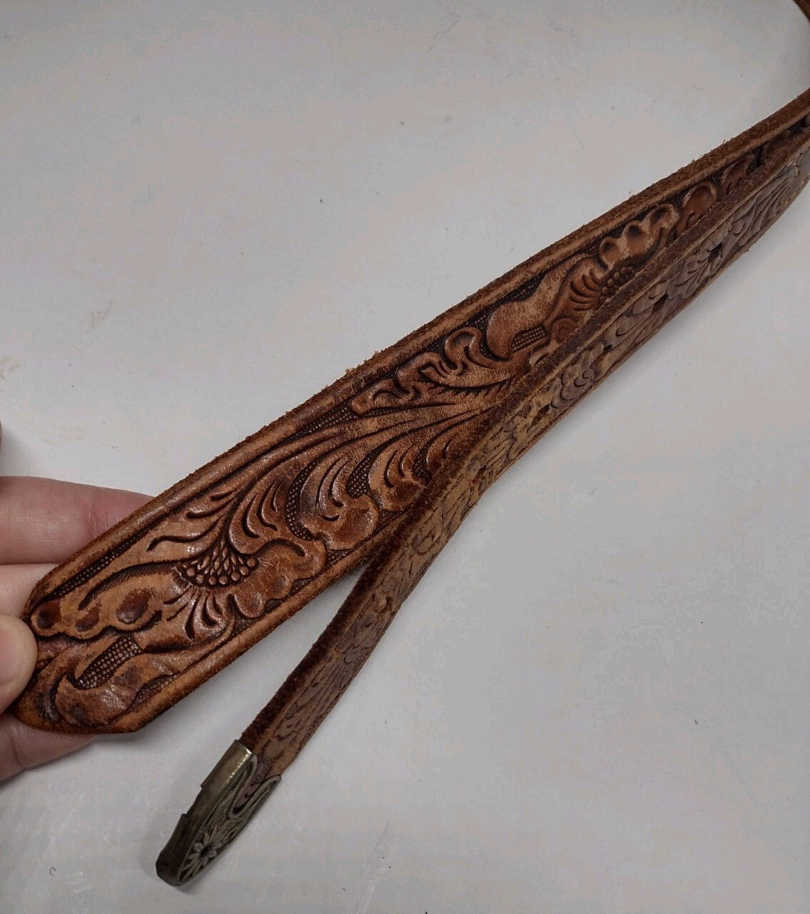Vintage 80s Justin Western Ranger Belt Tooled Leather Brass Floral Red Stones 30
