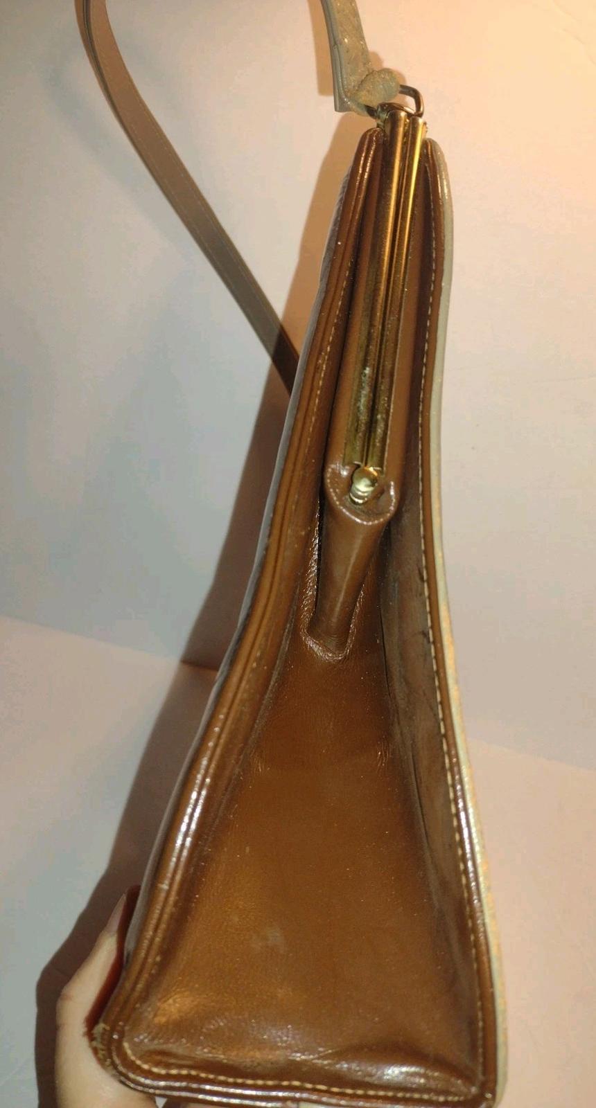 Vintage Johansen Two Tone Leather Frame Bag Brass Feet Top Handle 1950s Brown