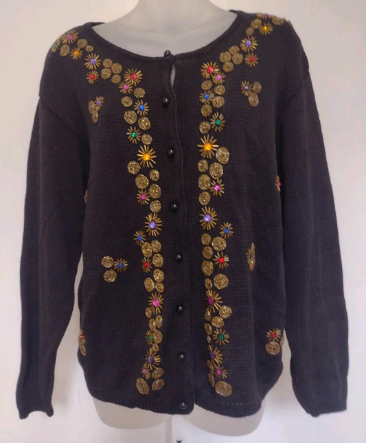 Vintage Trimmings Ramie Cotton Beaded Cardigan Sweater M Black Embellished