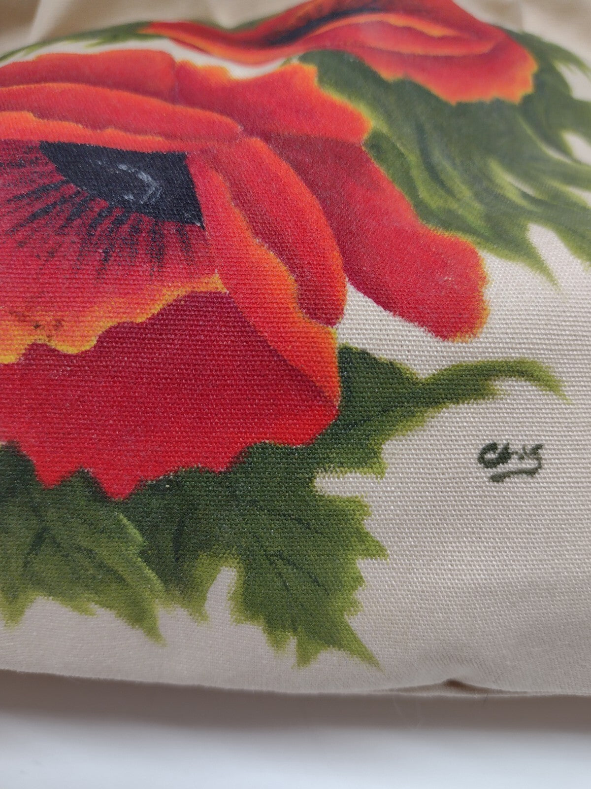 Vintage 70s Hand Painted Poppy Canvas Handbag Wood Handle Signed Folk Art Purse