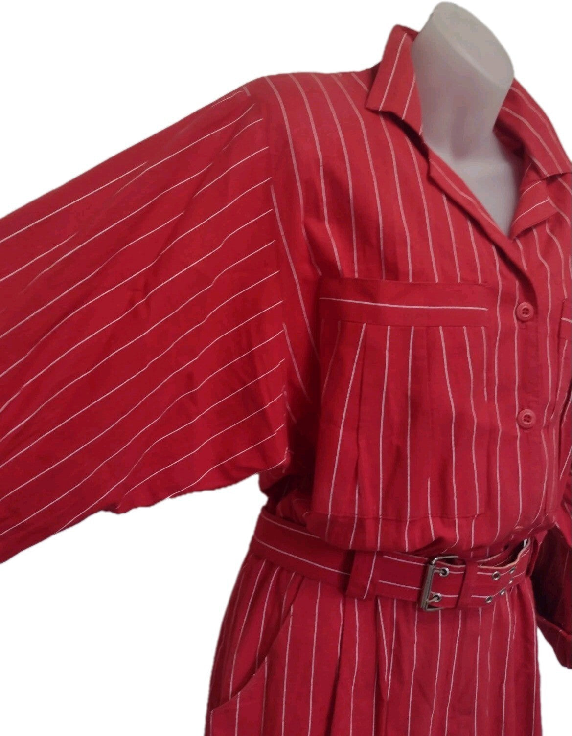 Vintage 1980s Womens Virgo II Dress Red Pinstripe Belted Power Dressing M/L