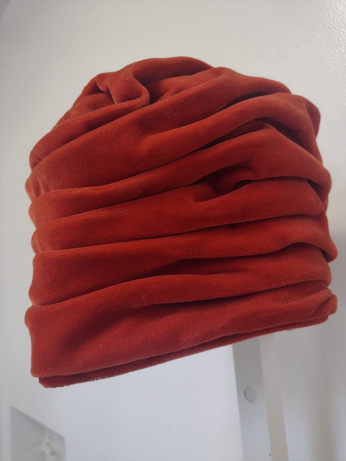 1940s Burnt Orange Velvet Turban Hat Pleated Sculptural Toque Handmade Vintage