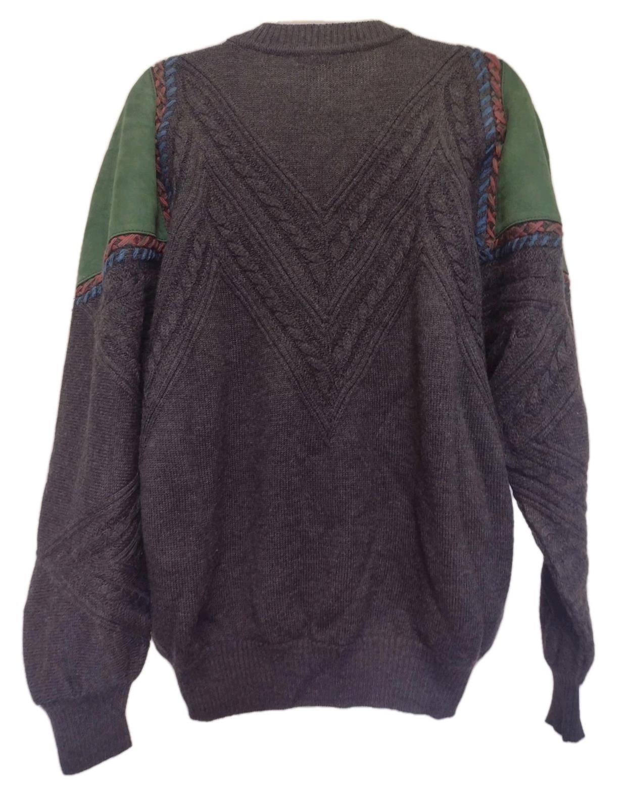 Rare Vintage 90s Bruno Magli Italy Wool Sweater L Suede Trim Crest Knit