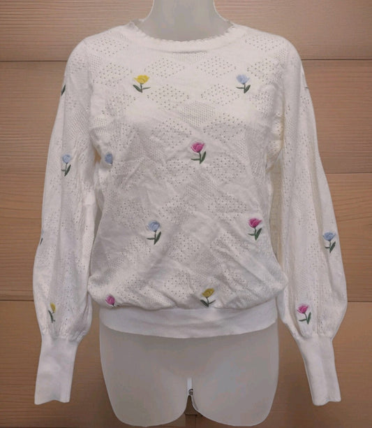 Vintage Style White Pointelle Sweater Floral Embroidered Cottagecore Puff Sleeve