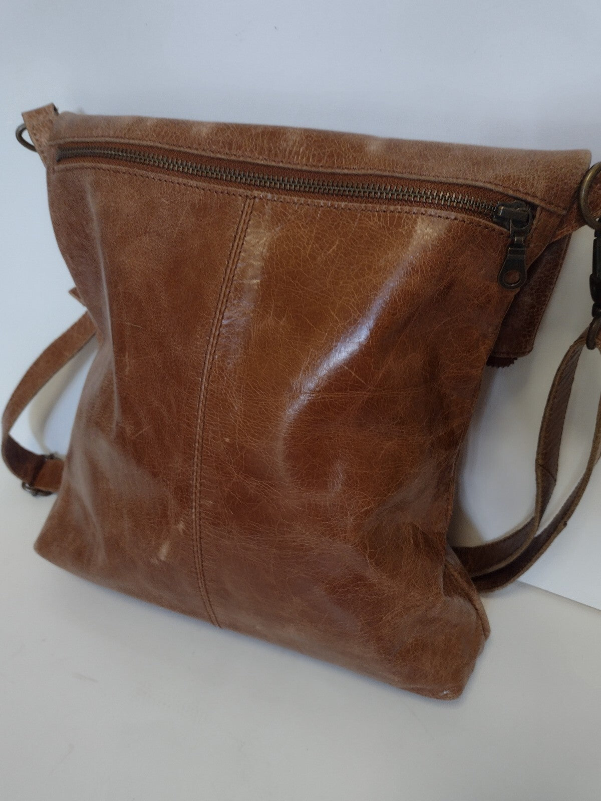 Brown Waxed Leather Foldover Crossbody Bag Boho Moto Messenger Distressed