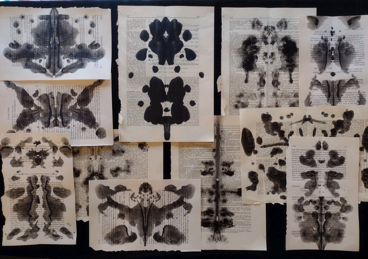 Rorschach Inspired Inkblot Hand Painted Vintage Book Pages 10 Pc Gothic Ephemera