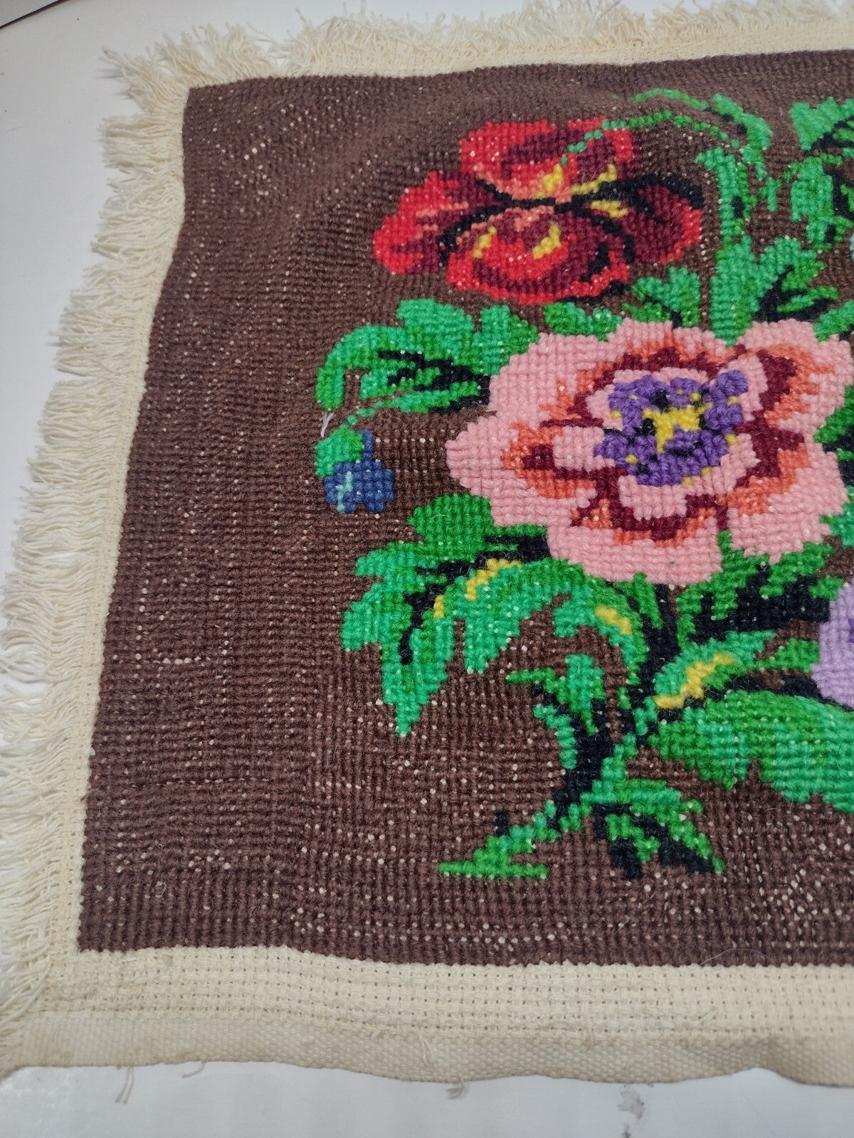 Vintage 60s 70s Floral Needlepoint Tapestry Folk Art Fringed Textile Panel