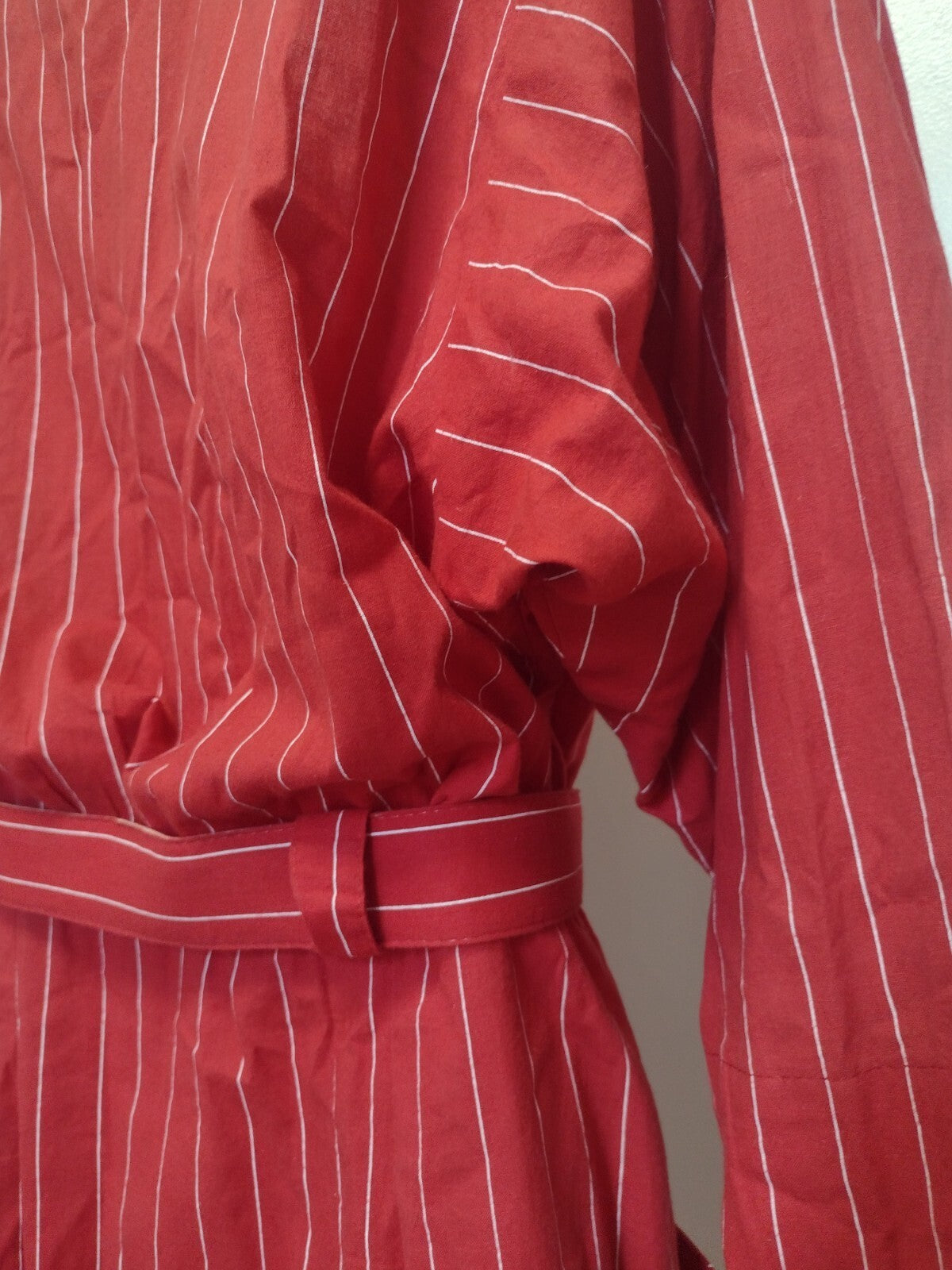 Vintage 1980s Womens Virgo II Dress Red Pinstripe Belted Power Dressing M/L