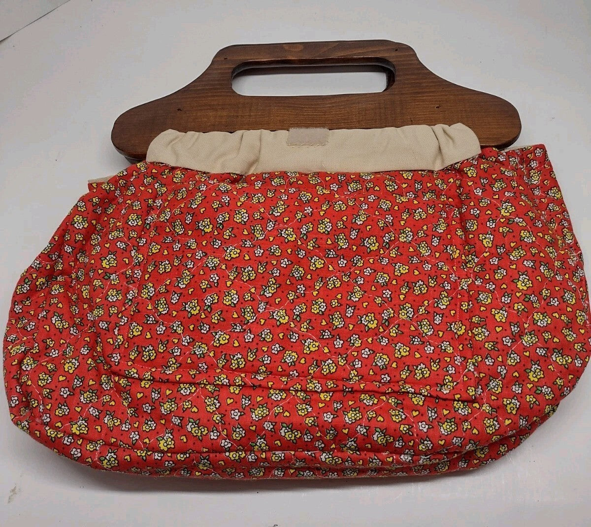 Vintage 70s Hand Painted Poppy Canvas Handbag Wood Handle Signed Folk Art Purse