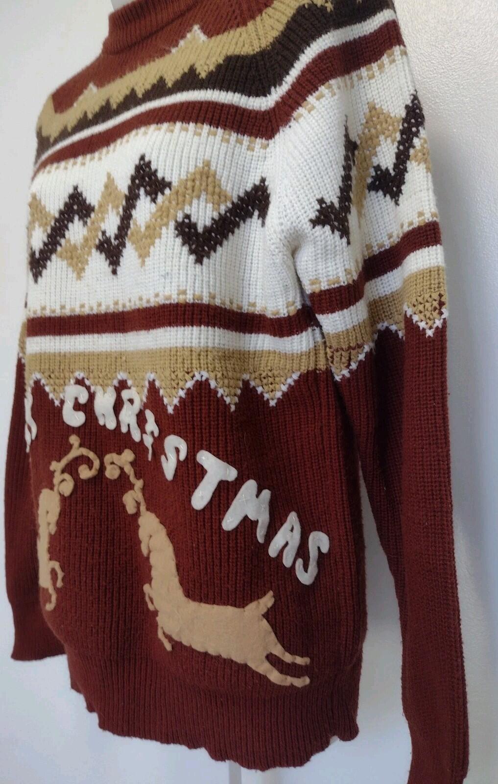 VTG 70s Studio One Campus Christmas Sweater L Brown Tan Reindeer Felt Applique