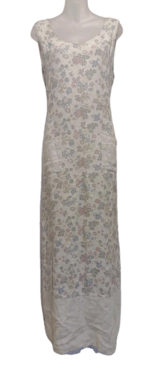 Vintage 90s Womens Floral Maxi Dress Large Linen Look Cottagecore Lagenlook