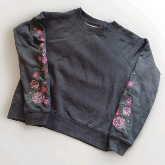 Gray Aeropostale Pink Embroidered Floral Sleeve Sweater Sweatshirt XS