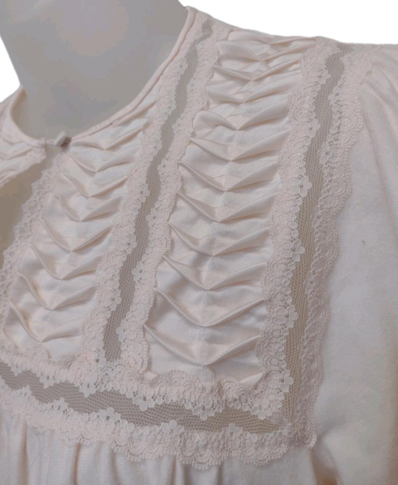 VTG 70s Vanity Fair Nylon Nightgown Brushed Lace Bib Granny Gown S Pink