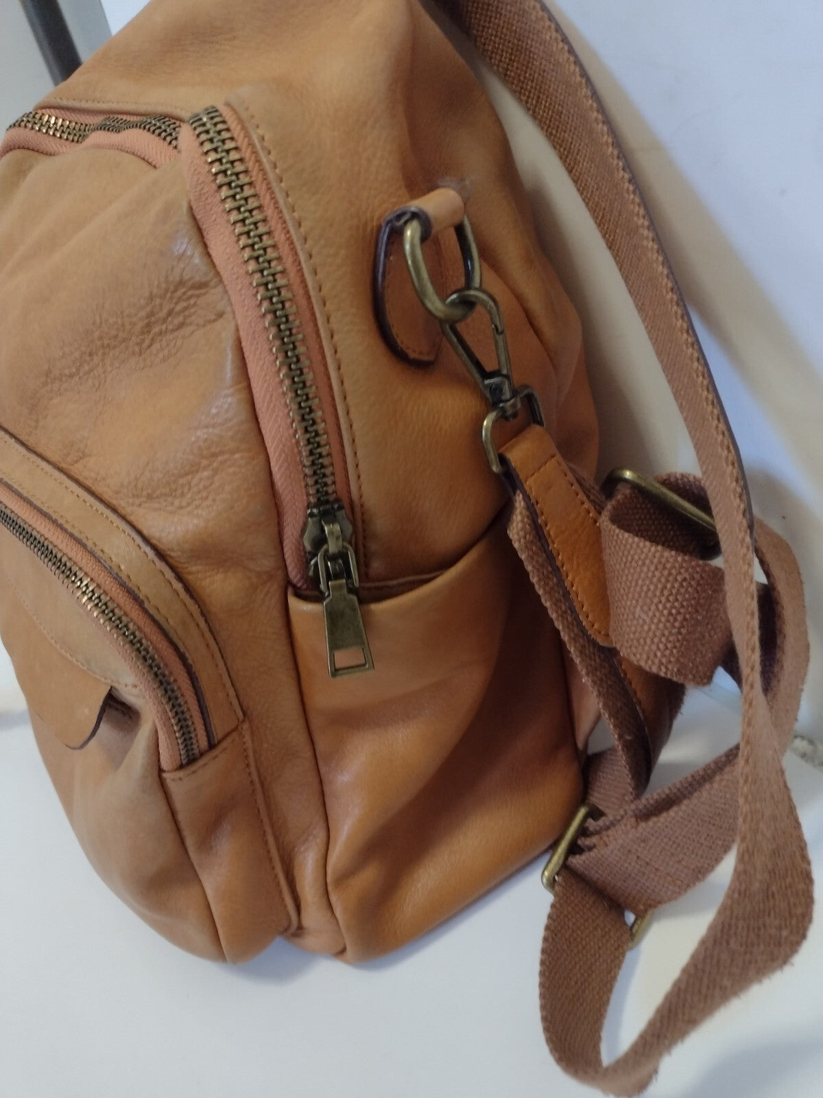 Boho Cognac Leather Backpack Distressed Rucksack Utility Pocket Y2K Style Bag
