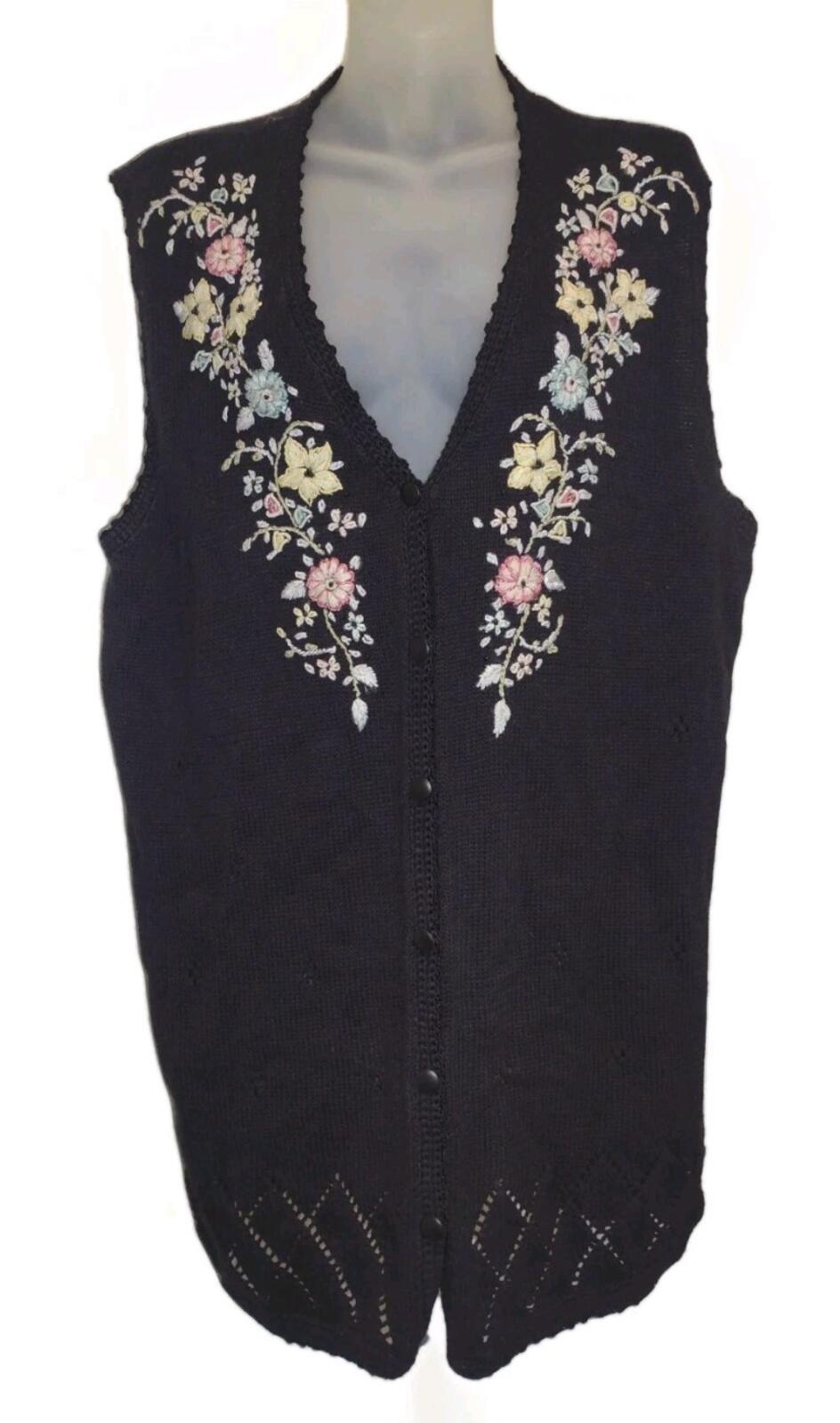 VTG 90s XL Ramie Cotton Floral Embroidered Knit Vest Black