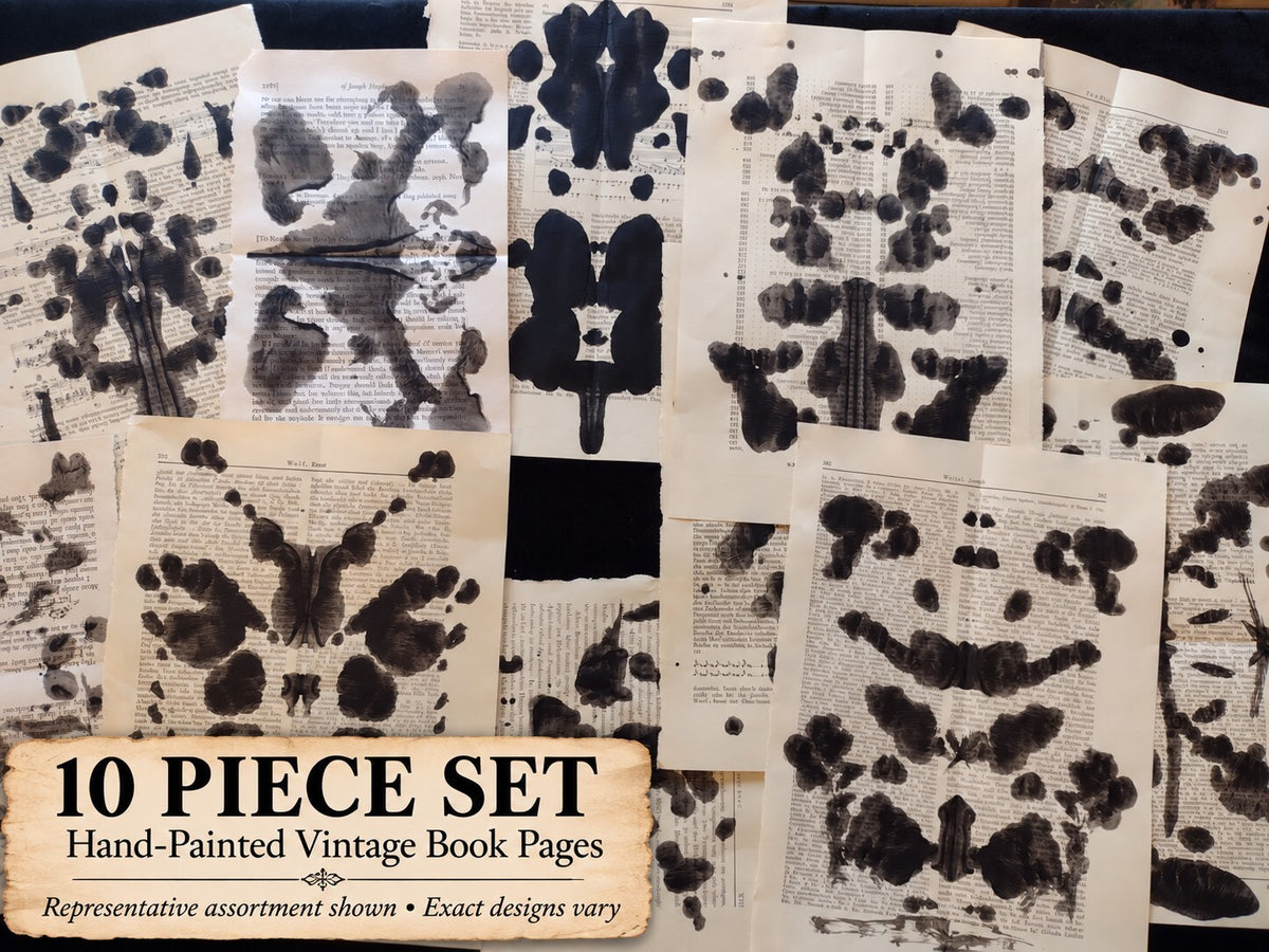 Rorschach Inspired Inkblot Hand Painted Vintage Book Pages 10 Pc Gothic Ephemera