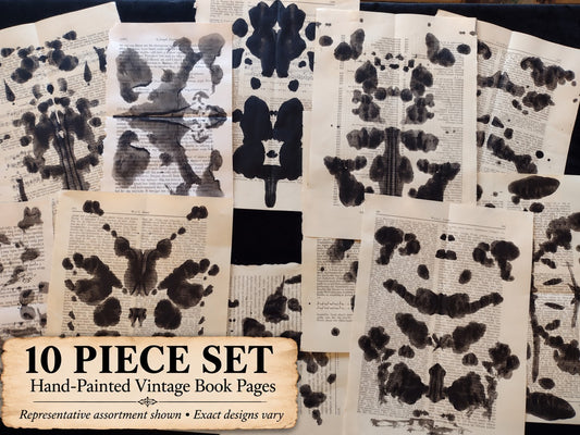Rorschach Inspired Inkblot Hand Painted Vintage Book Pages 10 Pc Gothic Ephemera