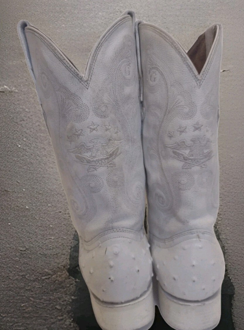 Vintage El General White Ostrich Cowboy Boots Eagle Snip Toe Western US 12