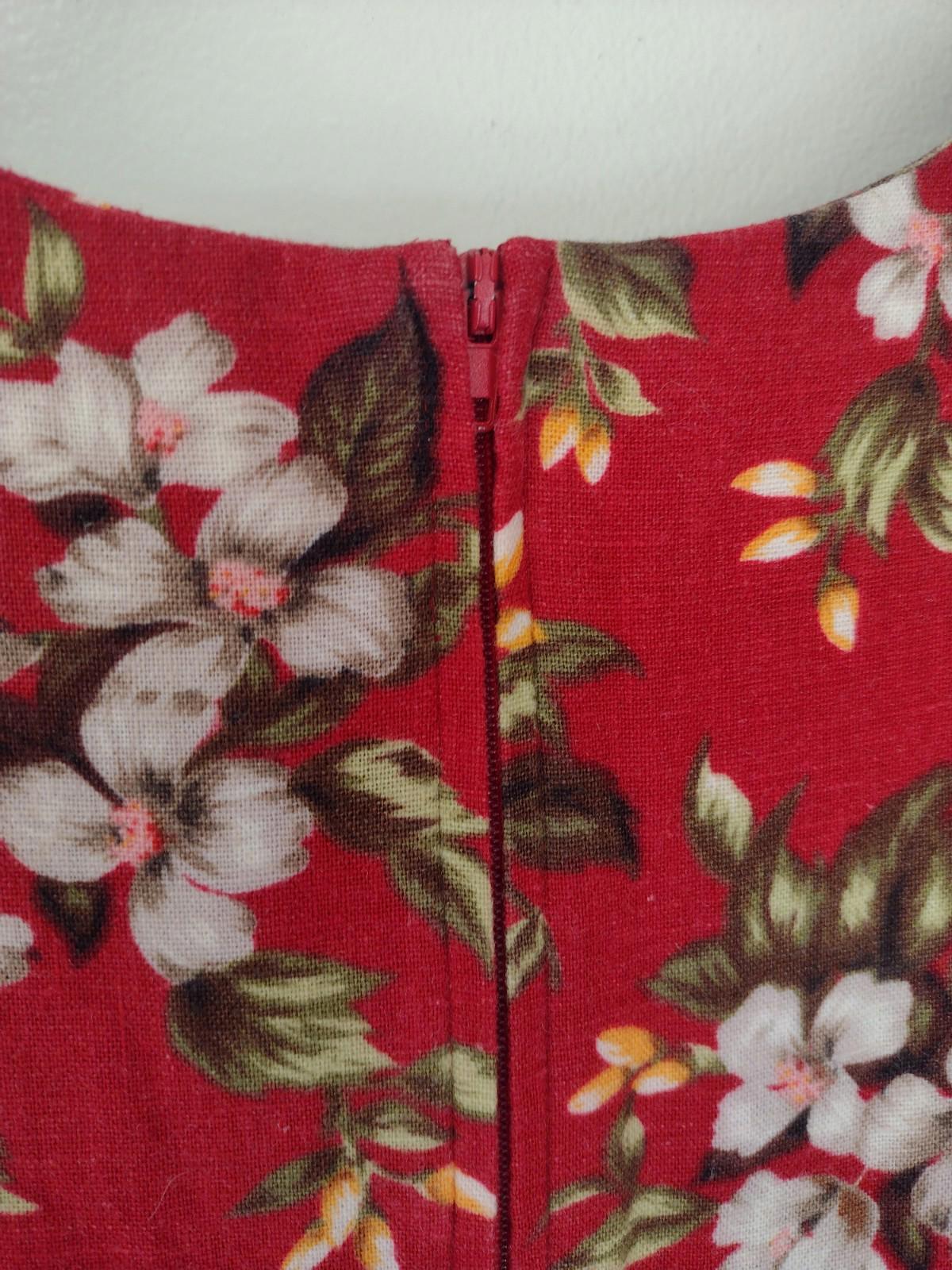 Vintage 80s Linen Blend Floral Midi Dress MOP Buttons Tie Back M