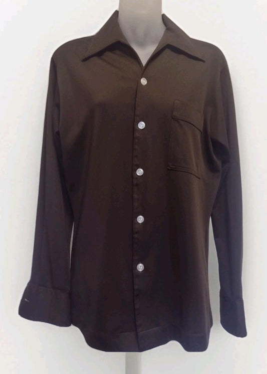VTG 70s Joel California Brown Trilobal Polyester Button Up Shirt Men’s Small