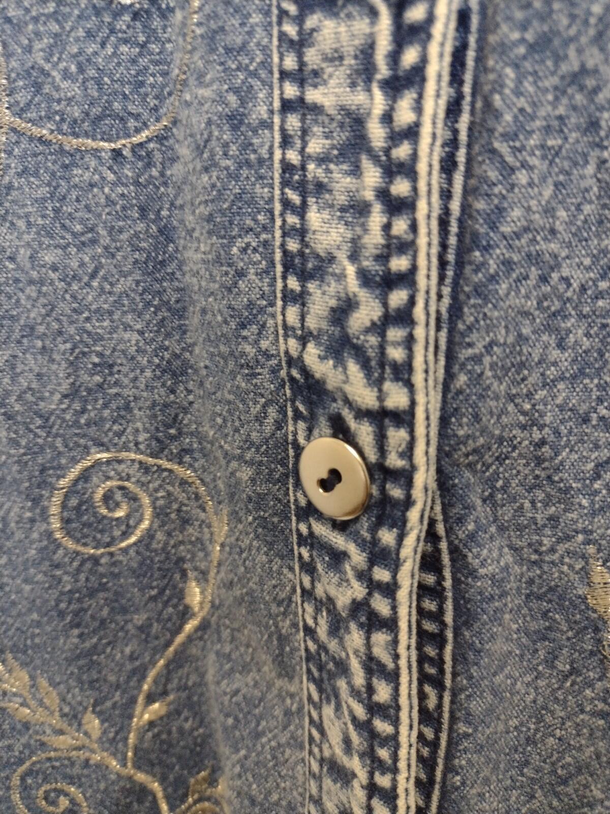 Vintage Embroidered Beaded Denim Blouse L Collarless Acid Wash 80s 90s Thailand