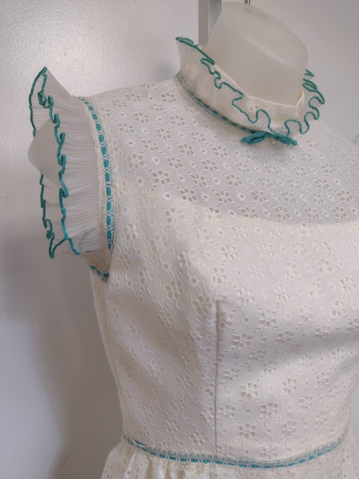 Vintage 70s Nadine Prairie Maxi Dress Ivory Lace Turquoise Victorian XS
