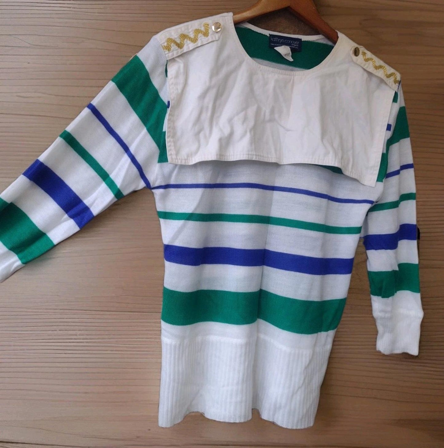 VTG 70s Kathryn Conover Sailor Collar Nautical Sweater M Hong Kong Blue Green