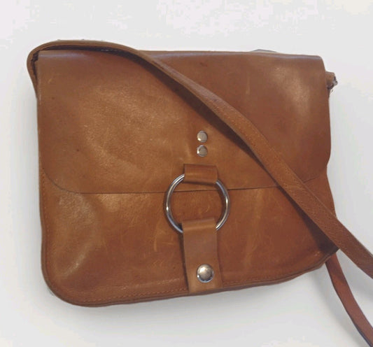 Boho Cognac Leather Crossbody Bag Artisan O Ring Shoulder Purse Rustic