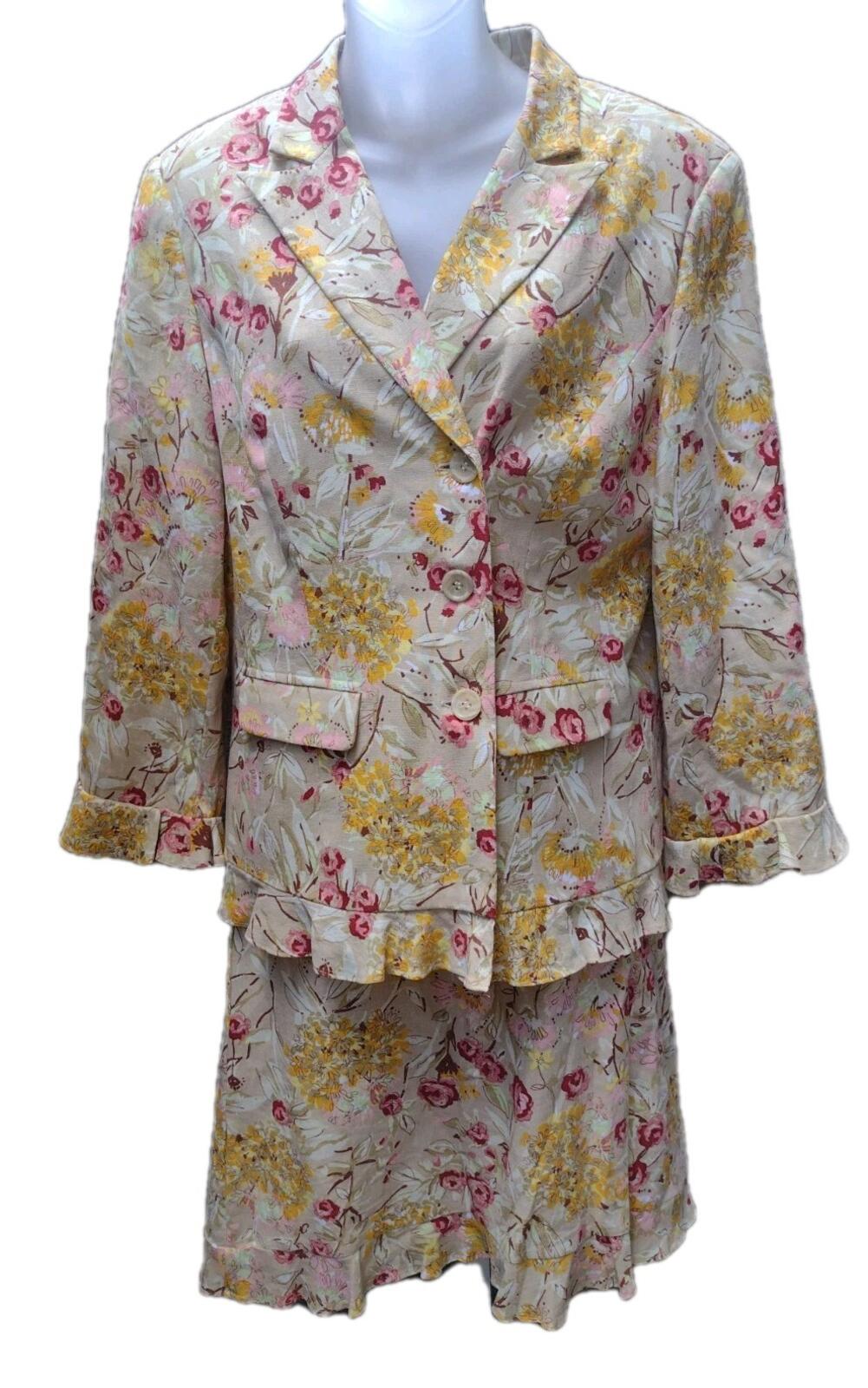 Beige Floral Garden Party Suit Feminine Linen Set 14 Monroe & Main Jacket Skirt